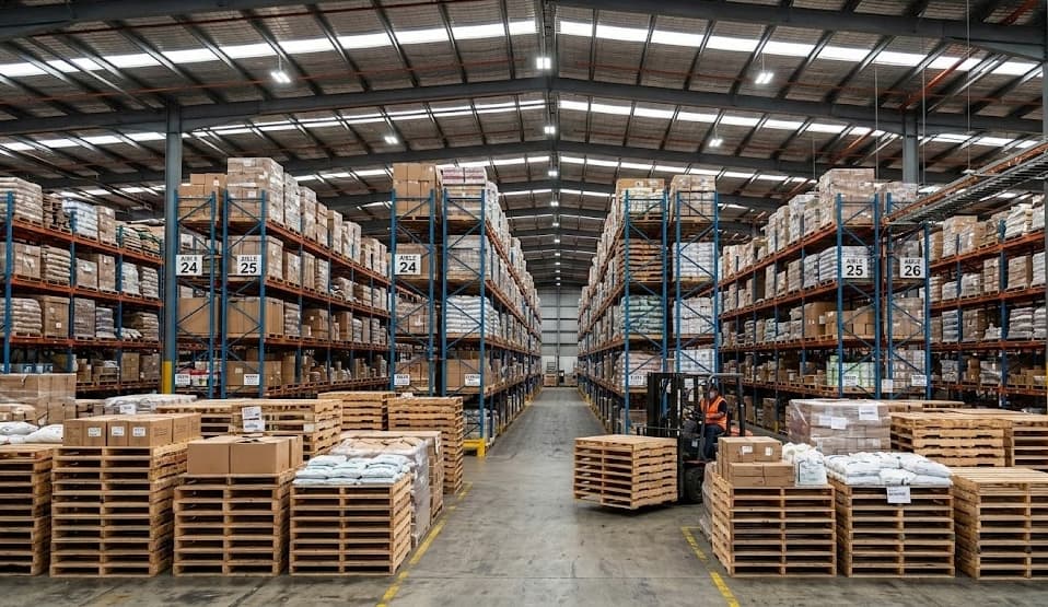 Large warehouse with high racking and palletized goods
