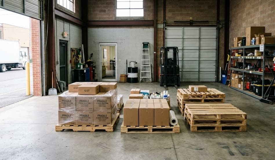 Loading dock with palletized boxes and staging area